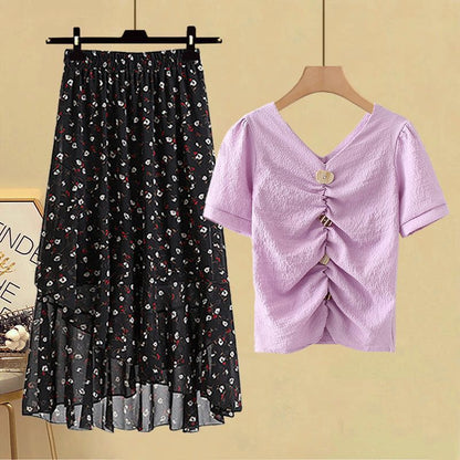 Schickes Chiffon-T-Shirt und hochgeschnittener Rock, zweiteiliges Set