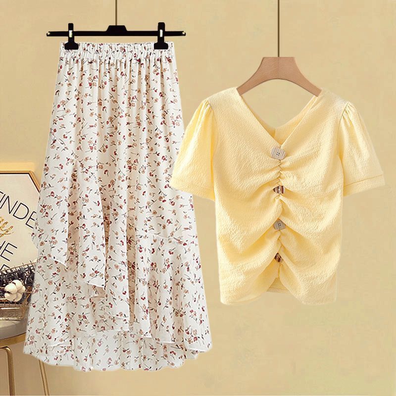 Schickes Chiffon-T-Shirt und hochgeschnittener Rock, zweiteiliges Set