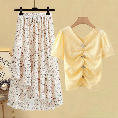 Schickes Chiffon-T-Shirt und hochgeschnittener Rock, zweiteiliges Set