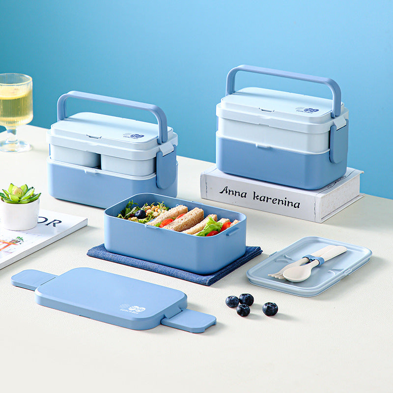 Blaue, doppelwandige 3-in-1-Lunchbox aus Bambusfaser, wärmbare japanische Bento-Box