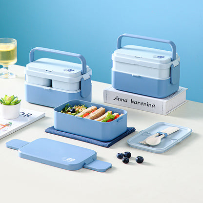 Blaue, doppelwandige 3-in-1-Lunchbox aus Bambusfaser, wärmbare japanische Bento-Box