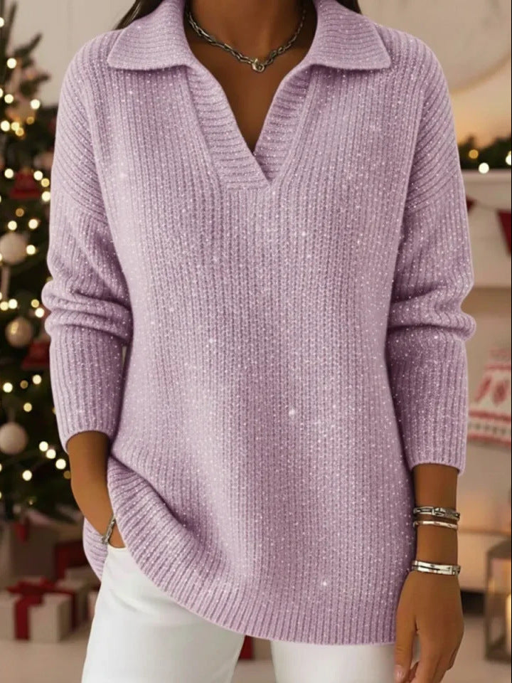 Neuer einfarbiger, langärmeliger Pullover mit Glitzereffekt