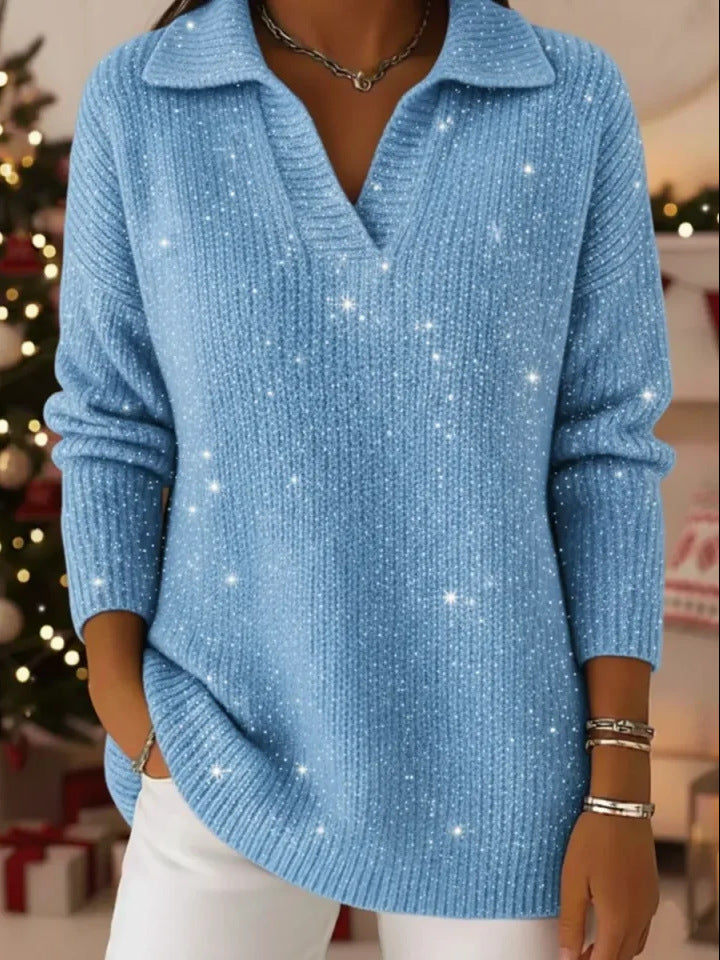 Neuer einfarbiger, langärmeliger Pullover mit Glitzereffekt