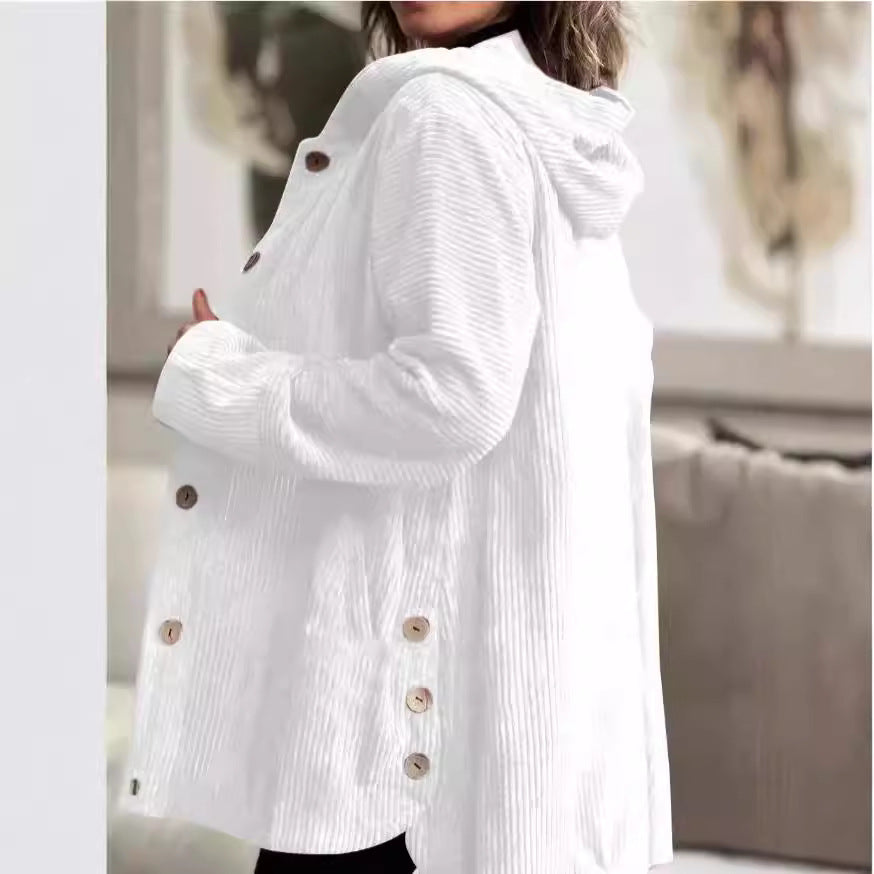 Damen-Cordjacke mit Kapuze, modisch, warm, mit Taschen, Knöpfen, mittellang, lässige Herbst-Winter-Oberbekleidung