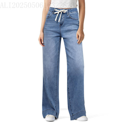 High Waist Elastic Straight Loose Drawstring Denim Trousers