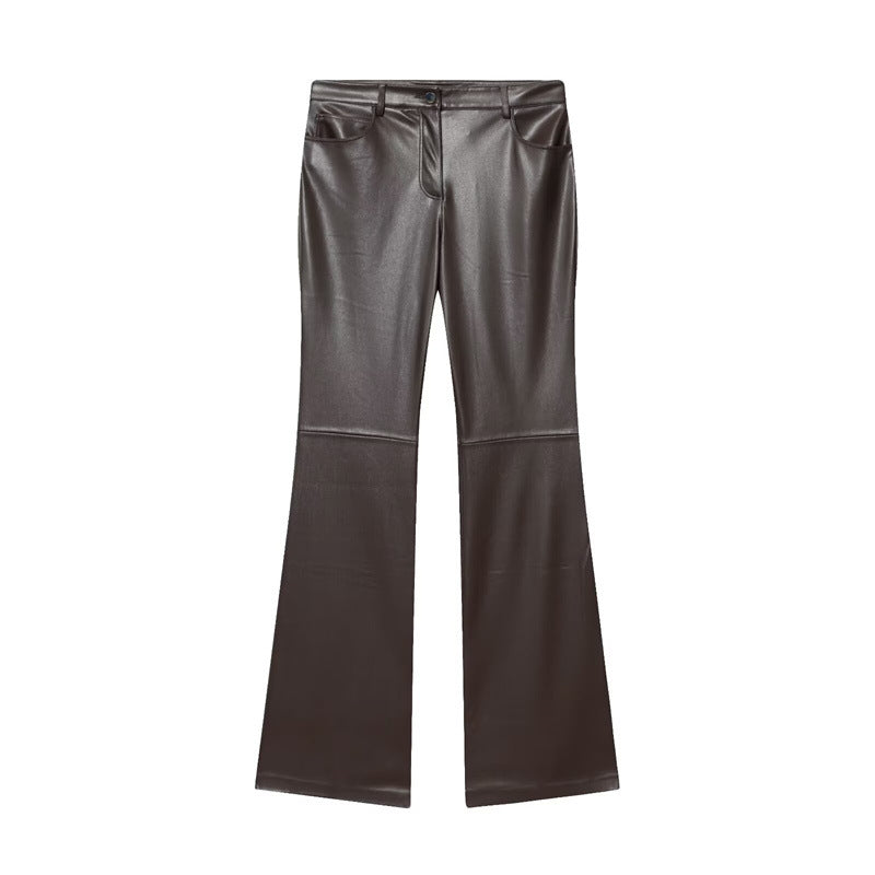 Cord-waist Micro-flared Pants For Leg-lengthening, Figure-hugging Casual Leather Pants