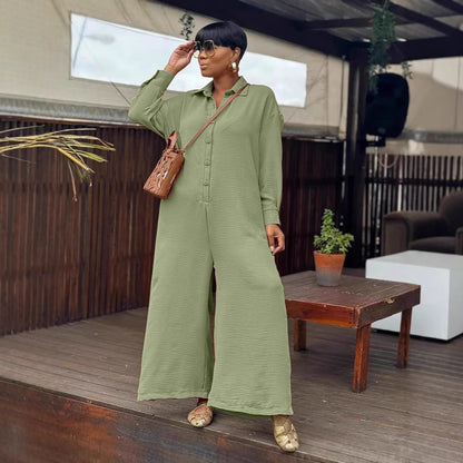 Casual Loose Round Neck Long Sleeve Wide Leg One-piece