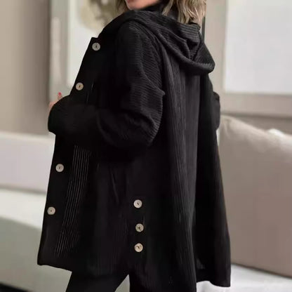Damen-Cordjacke mit Kapuze, modisch, warm, mit Taschen, Knöpfen, mittellang, lässige Herbst-Winter-Oberbekleidung