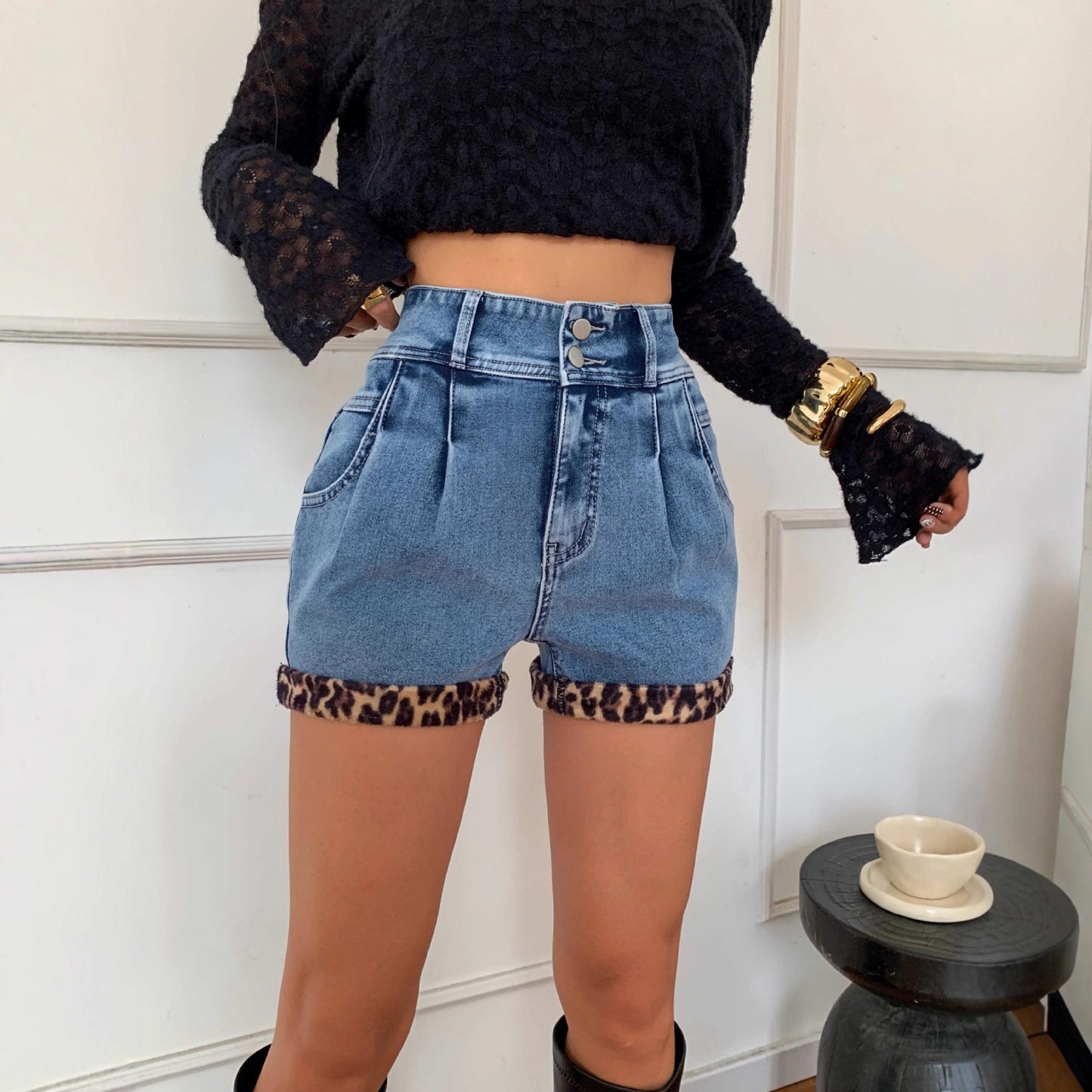 Damen-Hotpants im Vintage-Look mit Leopardenmuster, Patchwork-Design und Waschung, figurbetont