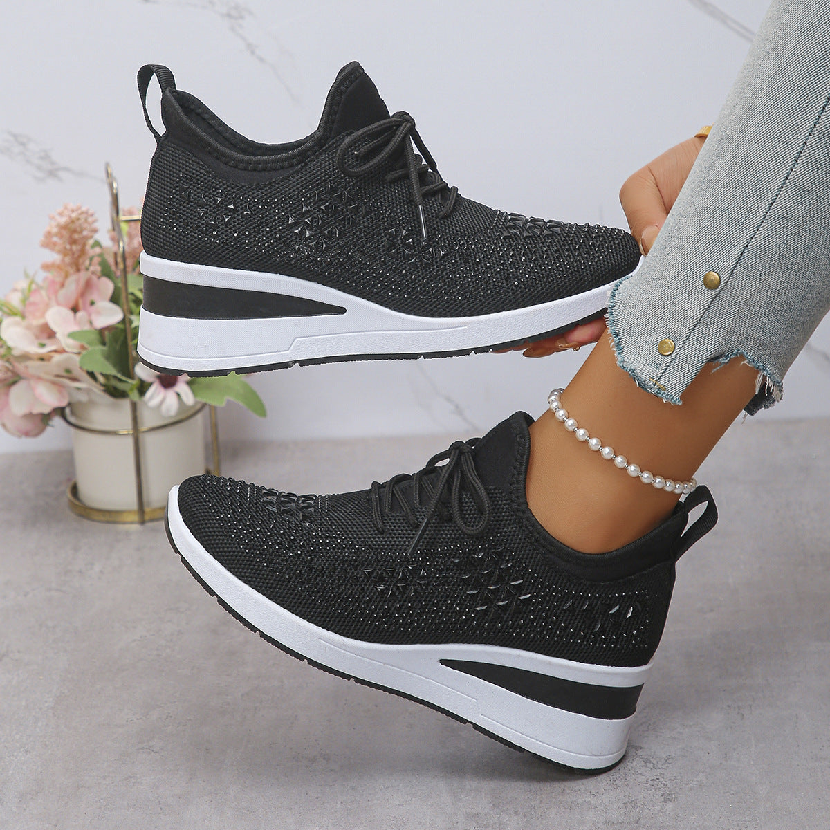 Strass-Sneaker, modische Schnür-Keilsandalen, Freizeitschuhe für Damen, Sportschuhe für den Alltag
