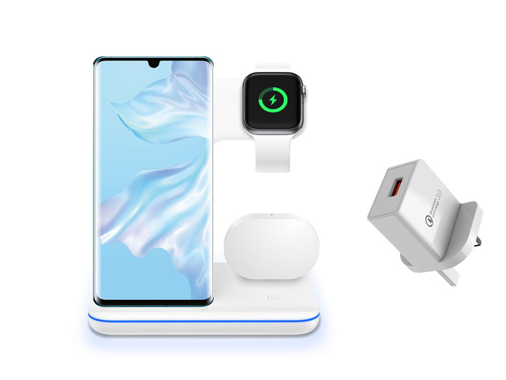 Kompatibles kabelloses Ladegerät für Mobiltelefone, Smartwatches und Kopfhörer – 3-in-1-Ladestation
