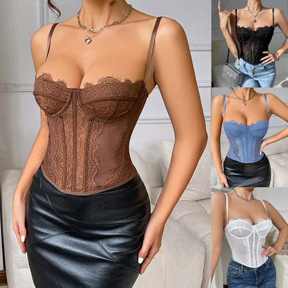 Women Tanks Lace Spaghetti Strap Top Summer Sleeveless Tops Open Back Bone Corset Bustier Sexy Slim Lingerie Bodyshaper Camisole