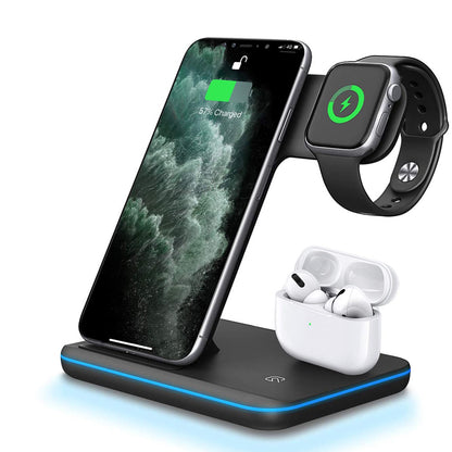 Kompatibles kabelloses Ladegerät für Mobiltelefone, Smartwatches und Kopfhörer – 3-in-1-Ladestation