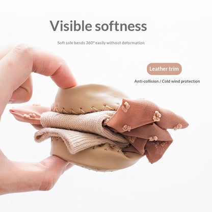 Babyschuhe und Socken, rutschfeste Lauflernsocken mit Ledersohle und Schleifenverzierungen