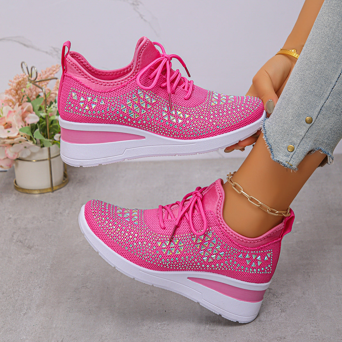 Strass-Sneaker, modische Schnür-Keilsandalen, Freizeitschuhe für Damen, Sportschuhe für den Alltag