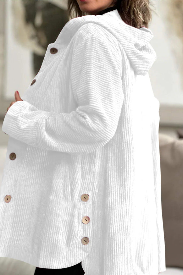 Damen-Cordjacke mit Kapuze, modisch, warm, mit Taschen, Knöpfen, mittellang, lässige Herbst-Winter-Oberbekleidung