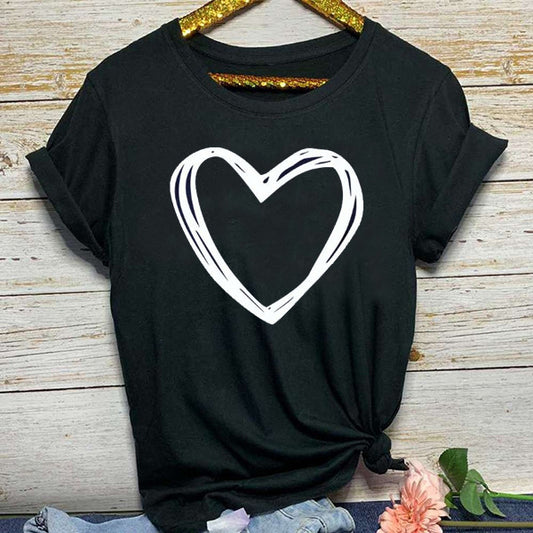 Damen-T-Shirt mit Herzmuster, Kurzarm, Rundhalsausschnitt, locker geschnitten, Sommer-Freizeit-T-Shirt, Oberteile, Kleidung, Camisetas Mujer