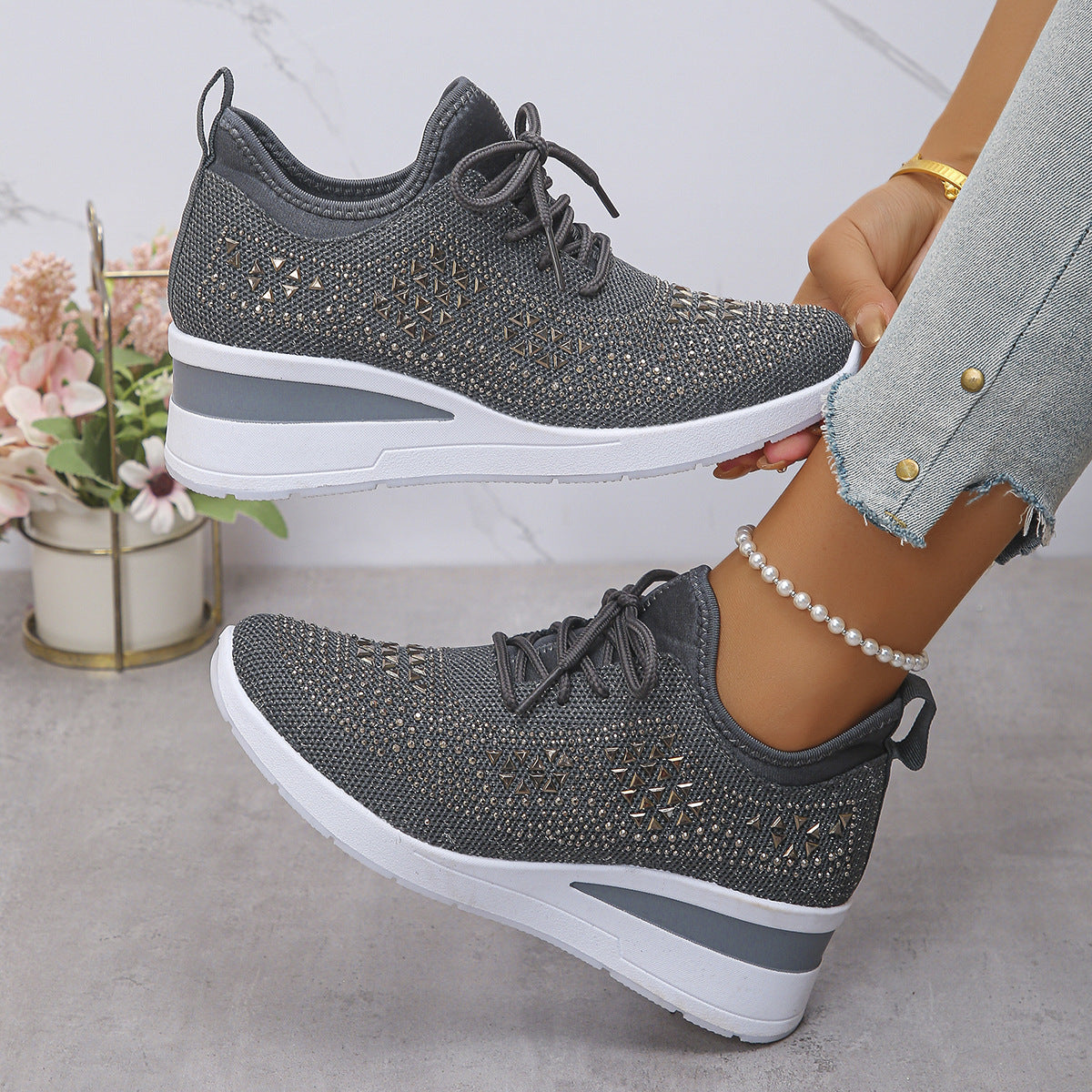 Strass-Sneaker, modische Schnür-Keilsandalen, Freizeitschuhe für Damen, Sportschuhe für den Alltag