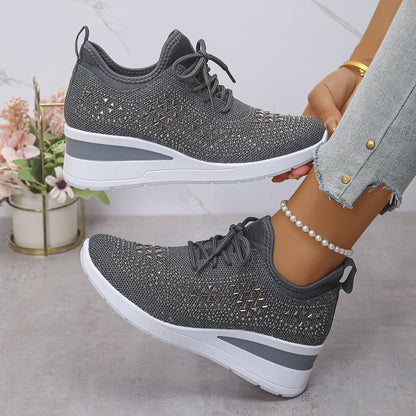 Strass-Sneaker, modische Schnür-Keilsandalen, Freizeitschuhe für Damen, Sportschuhe für den Alltag