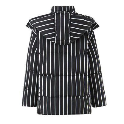 Women's Black Striped Hooded Cotton Coat