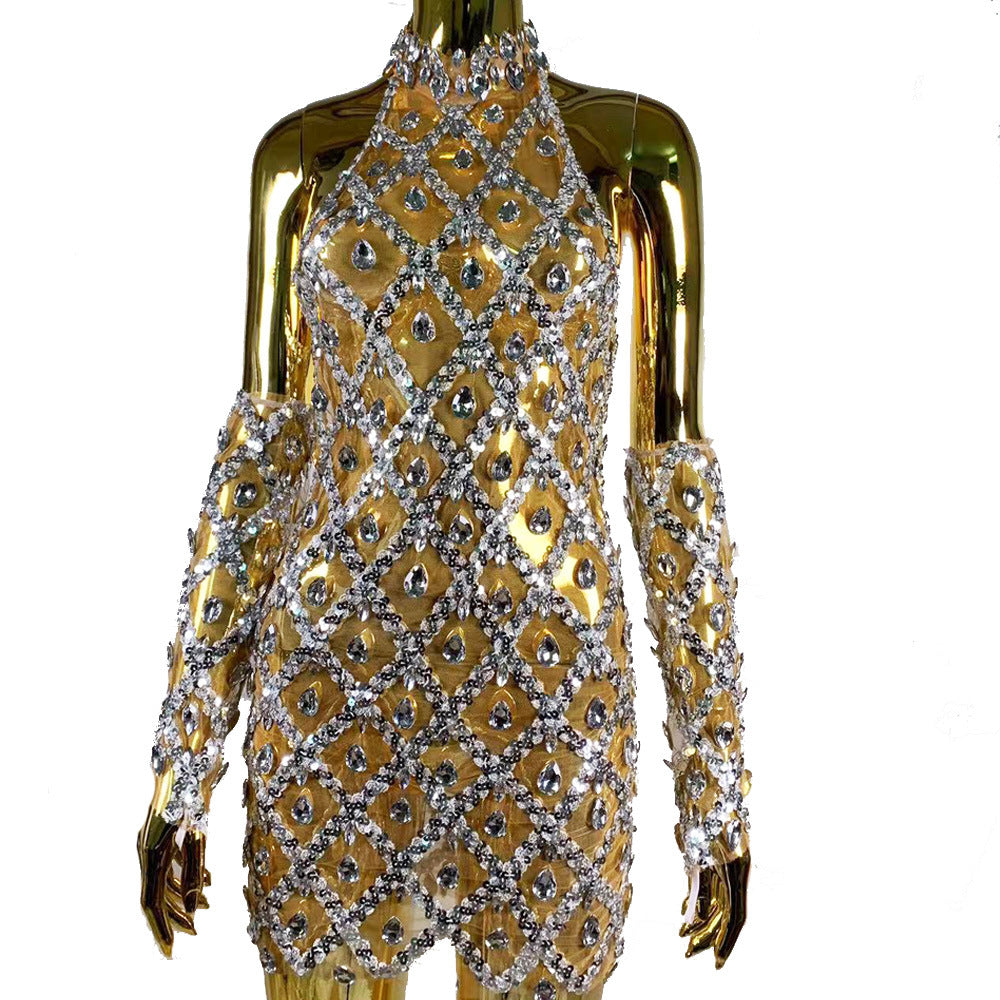 Hochwertiges, robustes, mit Strasssteinen besetztes Pailletten-Handschuh- und Paillettenkleid für Damen, ultrakurz