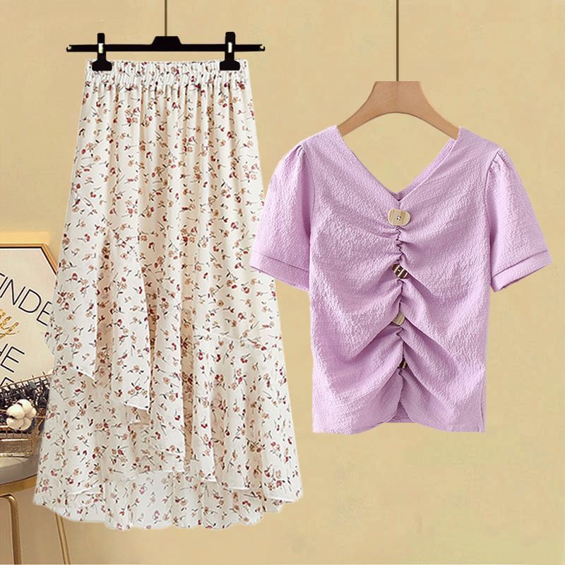 Schickes Chiffon-T-Shirt und hochgeschnittener Rock, zweiteiliges Set