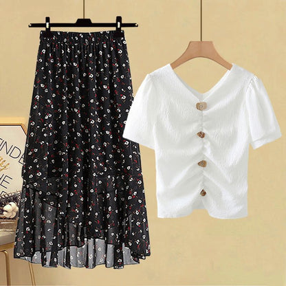 Schickes Chiffon-T-Shirt und hochgeschnittener Rock, zweiteiliges Set