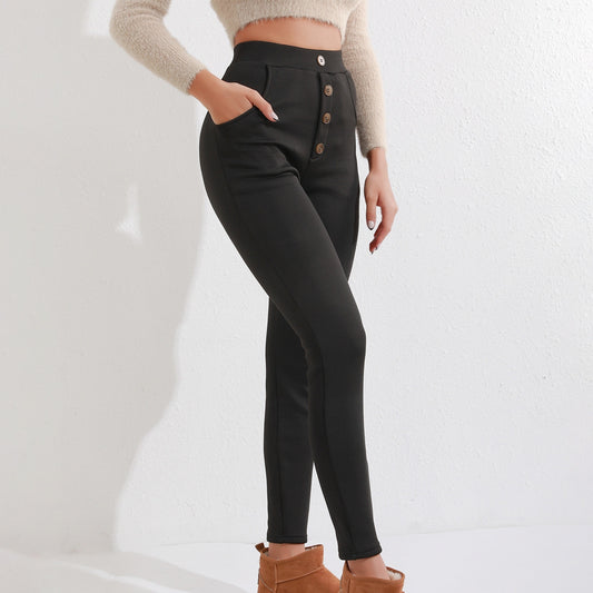 Dicke Leggings für Damen, hoher Bund, Knopfleiste, lässig