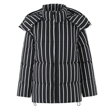 Women's Black Striped Hooded Cotton Coat