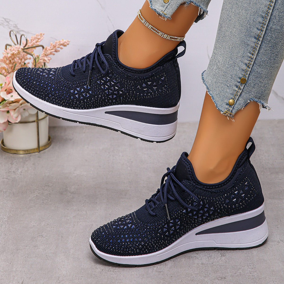 Strass-Sneaker, modische Schnür-Keilsandalen, Freizeitschuhe für Damen, Sportschuhe für den Alltag
