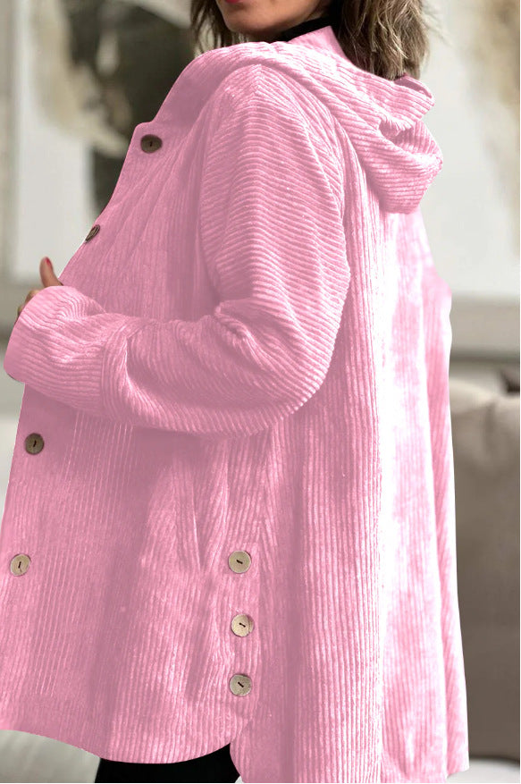 Damen-Cordjacke mit Kapuze, modisch, warm, mit Taschen, Knöpfen, mittellang, lässige Herbst-Winter-Oberbekleidung