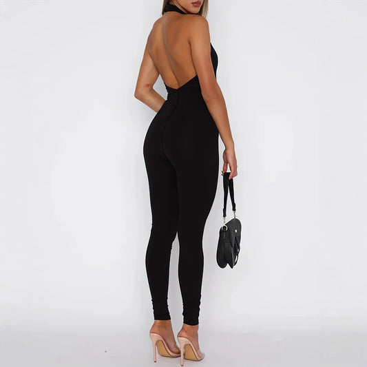 Damen-Jumpsuit in Unifarbe, rückenfrei, sexy, figurbetont