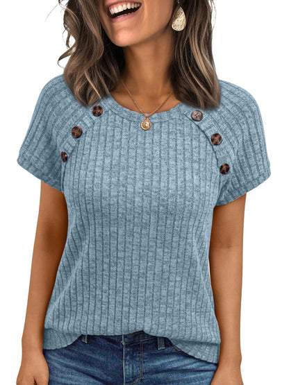 Womens Ribbed Crew-neck Button-panel Short-sleeve Top