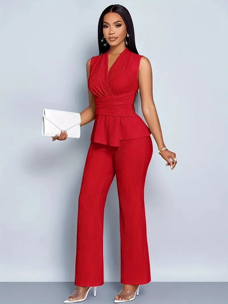 Elegant V-neck Top And Wide-leg Pants Two-piece Set For Women