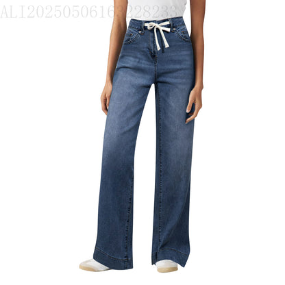 High Waist Elastic Straight Loose Drawstring Denim Trousers