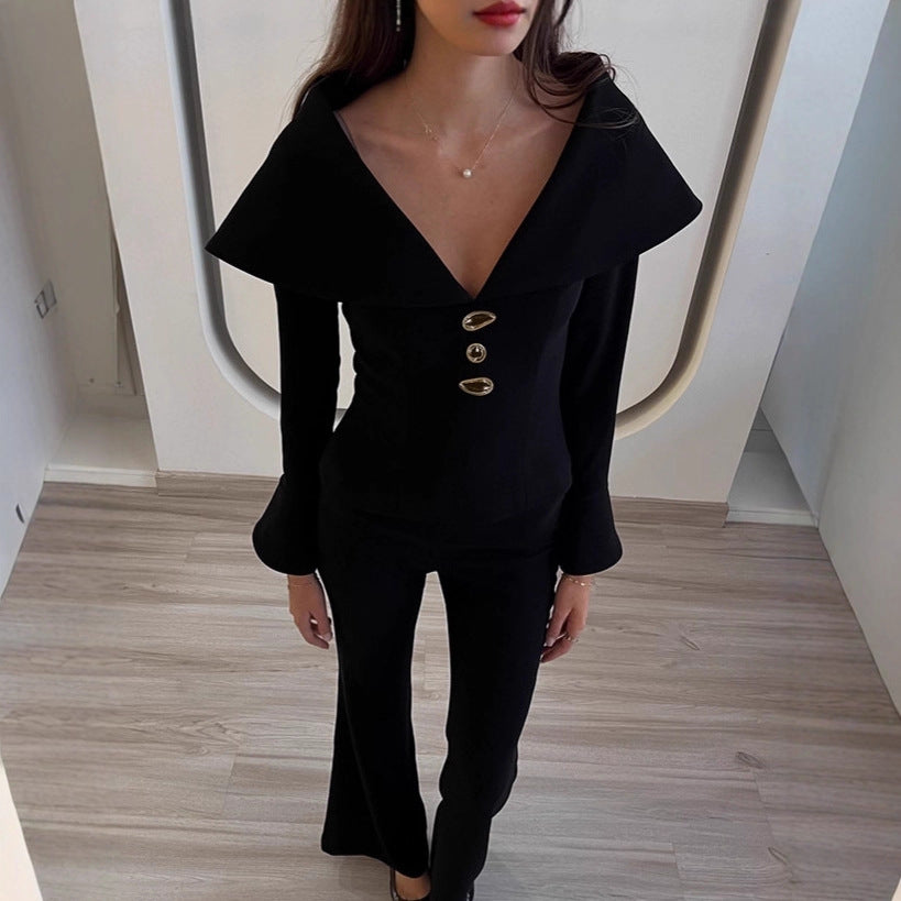 Black V-neck Waist-cropped Top And Pants Two-piece Set For Women