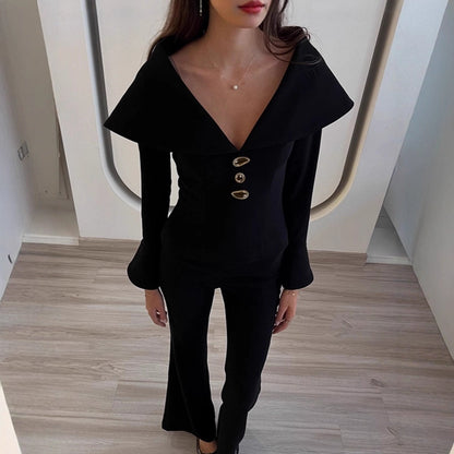 Black V-neck Waist-cropped Top And Pants Two-piece Set For Women