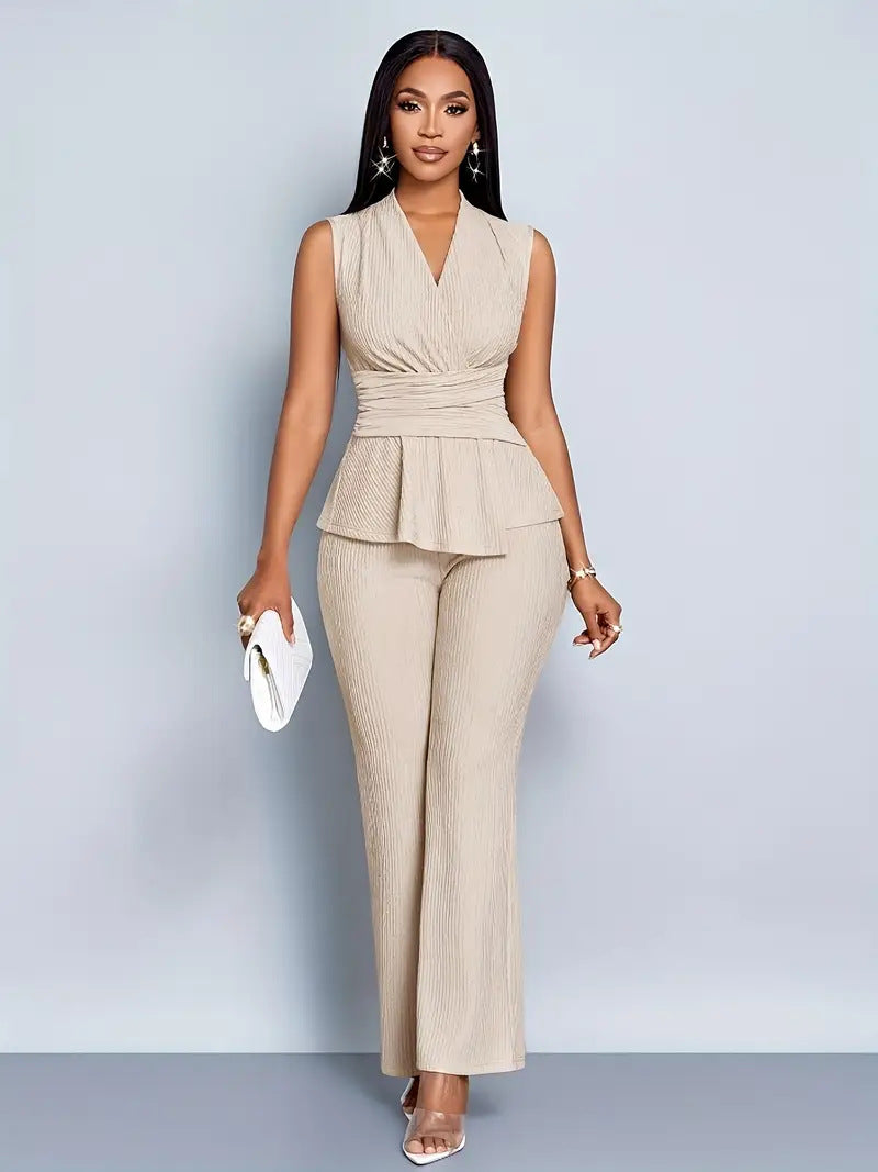 Elegant V-neck Top And Wide-leg Pants Two-piece Set For Women