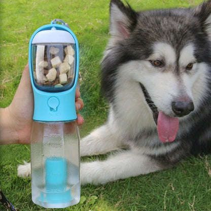 Tragbare 3-in-1-Trinkflasche für Katzen und Hunde: Auslaufsicher, multifunktional, mit Futter- und Wasserspender sowie Kotbeutelspender.