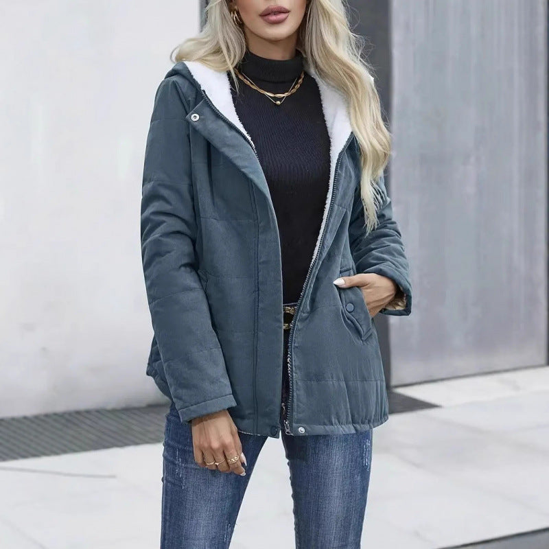 Fleecegefütterter Kapuzenmantel, Winter, Preppy-Stil, Langarmjacke, warme Taschen, Baumwollmantel, Damenbekleidung