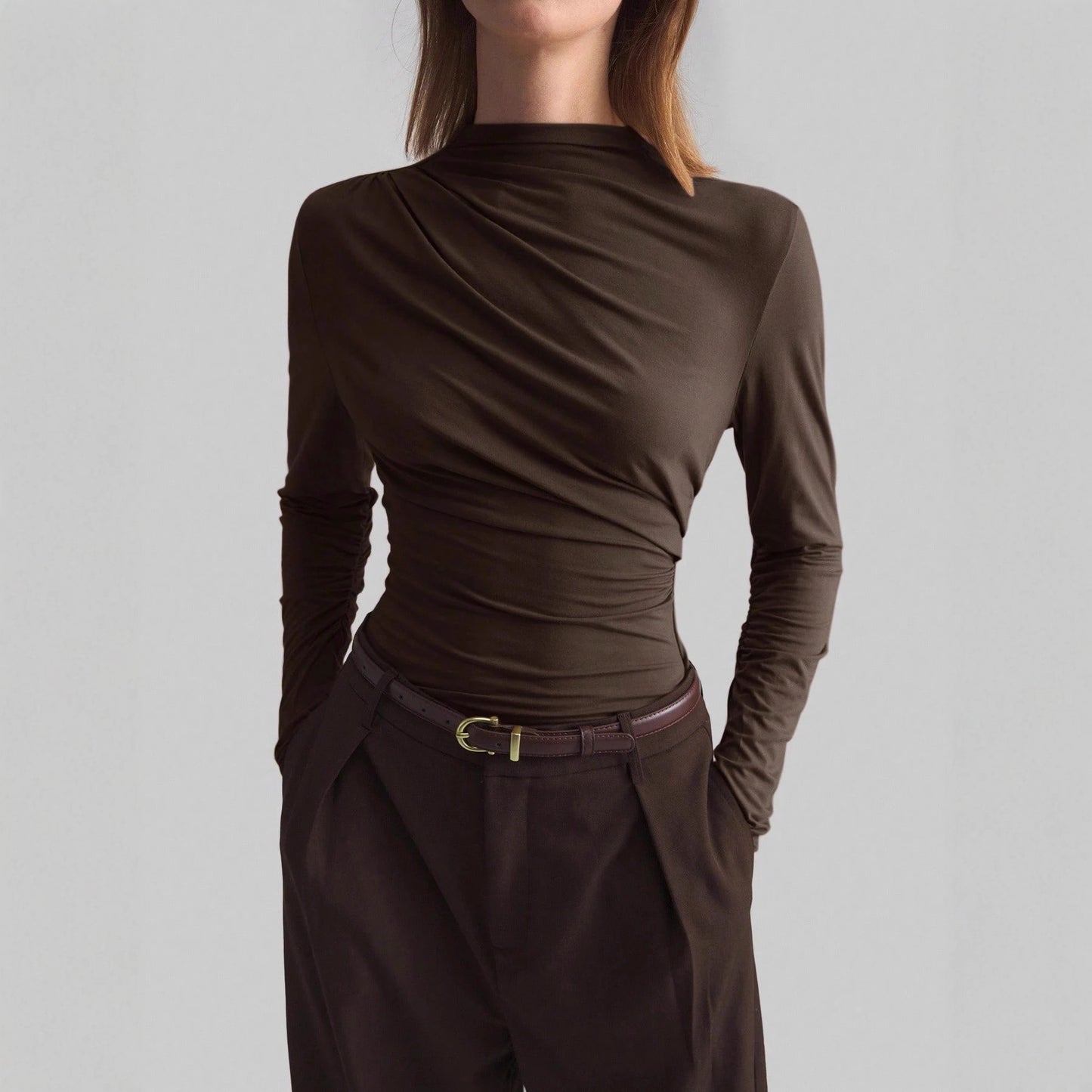 New Asymmetrical Mock-neck Slim-fit Base Top For Women