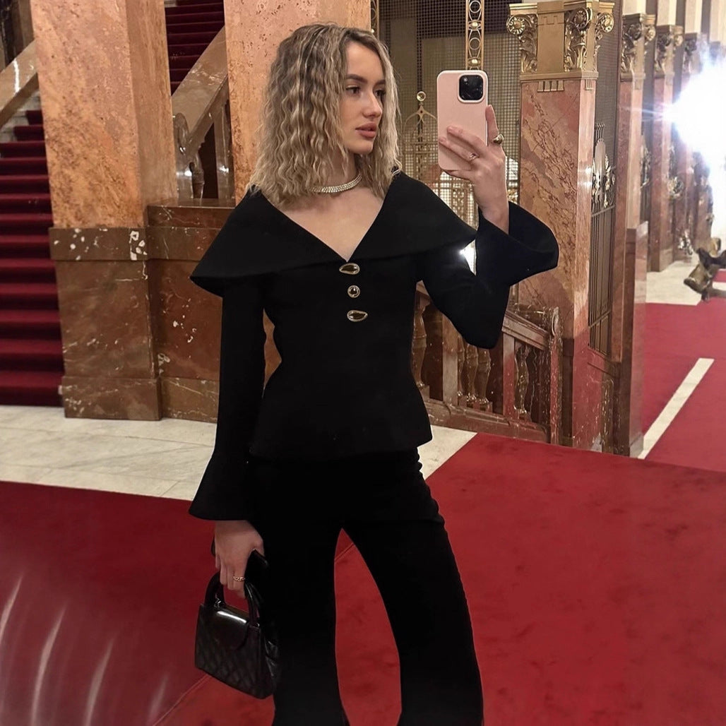 Black V-neck Waist-cropped Top And Pants Two-piece Set For Women