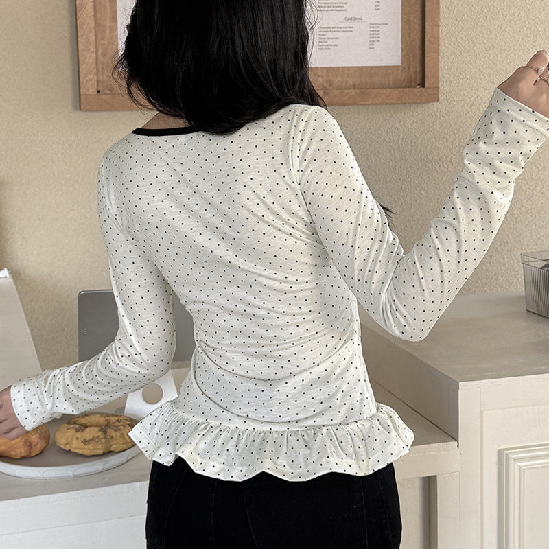 Langarmshirt mit Polka-Dot-Print und Spitzenbesatz für Damen