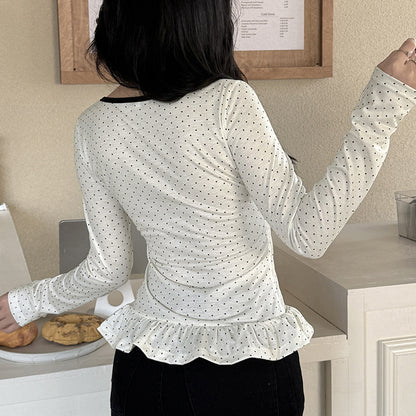 Langarmshirt mit Polka-Dot-Print und Spitzenbesatz für Damen