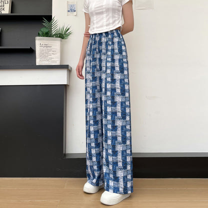 Women's Thin Casual High-waisted Loose Retro Printed Denim Straight-leg Pants