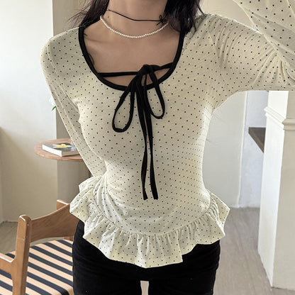 Langarmshirt mit Polka-Dot-Print und Spitzenbesatz für Damen