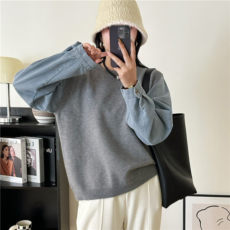 Denim Sleeve Stitching Fake Two Pieces Sweaters Women