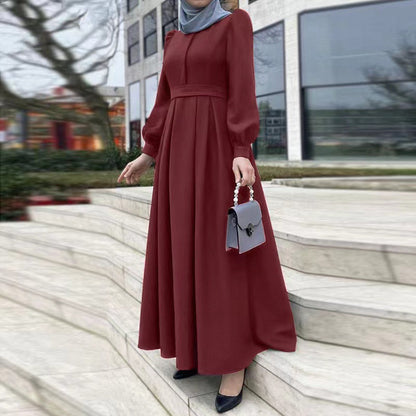Lässiges, lockeres, einfarbiges langes Kleid mit Gürtel und Reißverschluss für muslimische Frauen