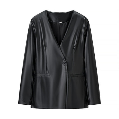 Damen-Lederjacke mit langen Ärmeln und V-Ausschnitt
