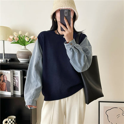 Denim Sleeve Stitching Fake Two Pieces Sweaters Women